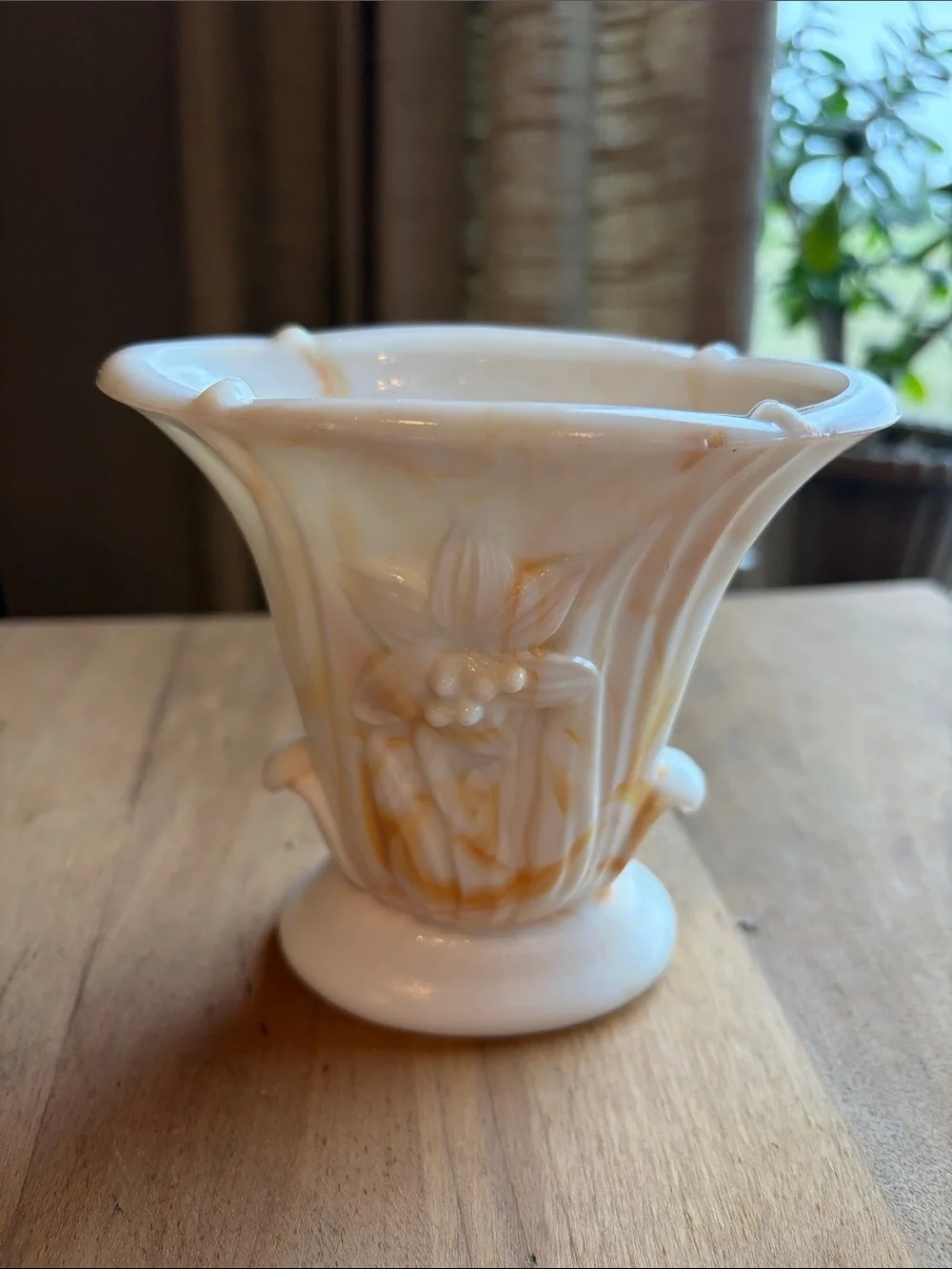 Akro Agate Lily Vase Orange Brownish Marbleized Slag Made in USA #658